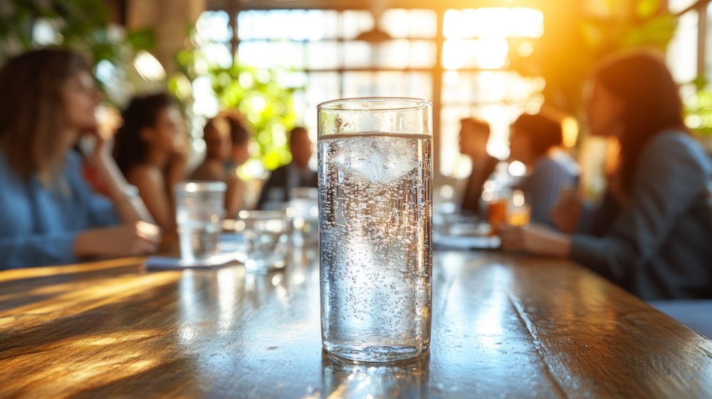 Close-up of sparkling water on table in sunlit office meeting room.