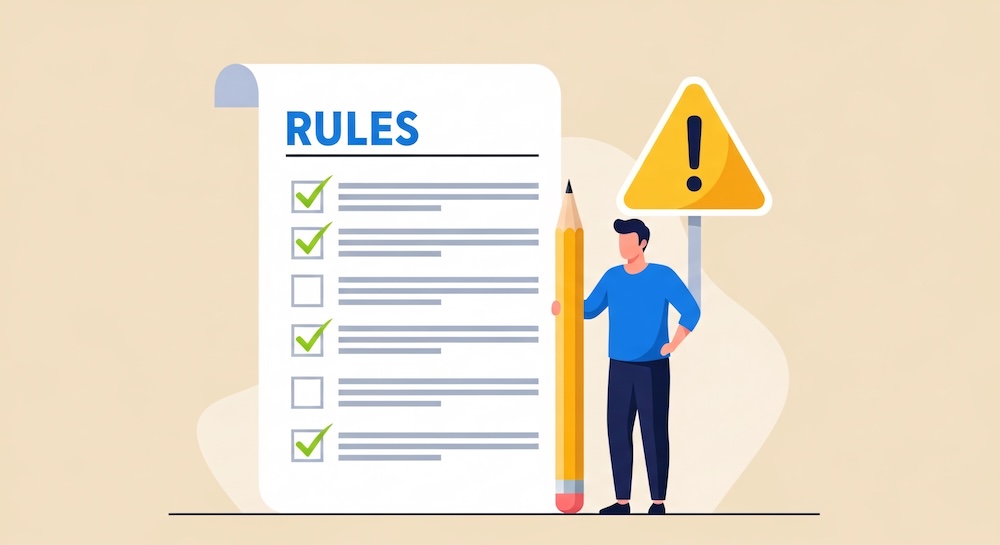 Businessman standing next to a large checklist with rules and a warning sign indicating importance of following regulations and compliance in workplace safety and management