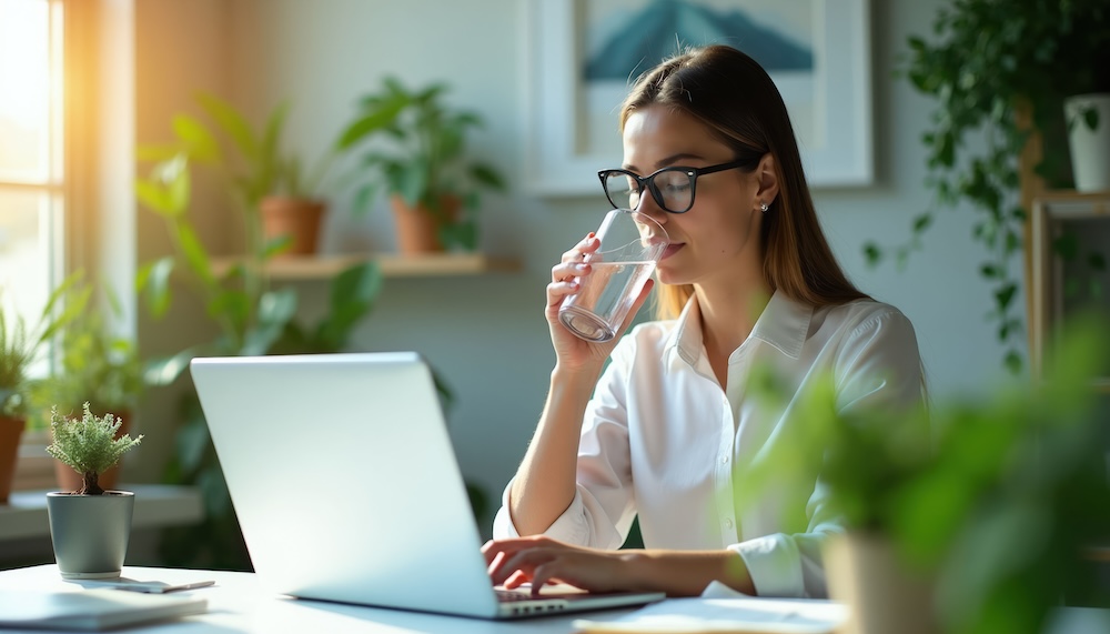 Woman at work, drinking clean water to stay hydrated.