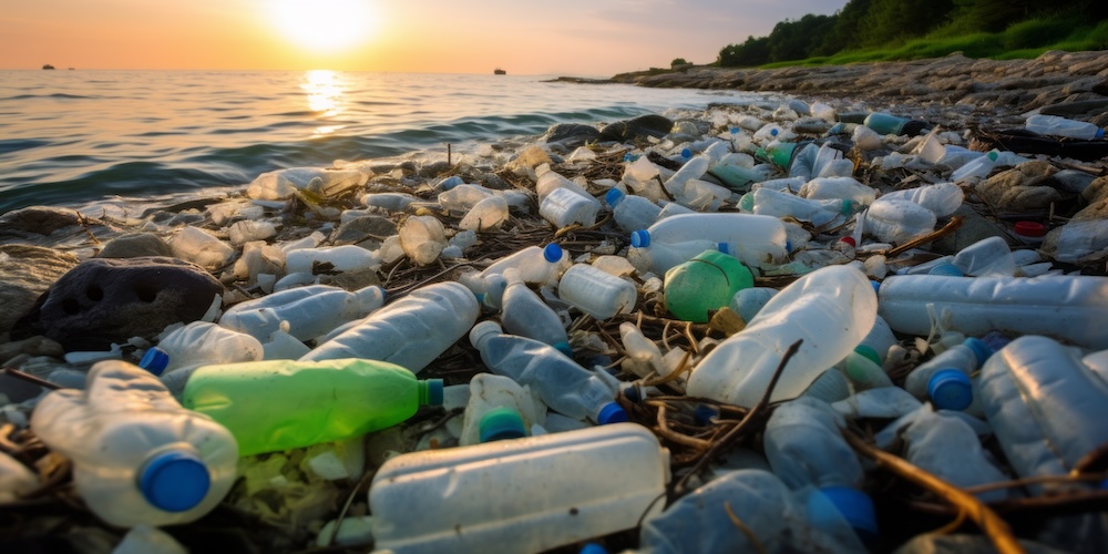 Discarded plastic water bottles along a shoreline at sunset, representing bottled water waste and environmental concerns. PFAS in the environment.