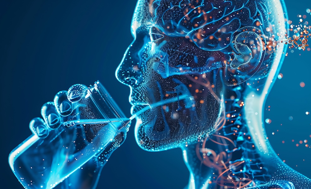 Illustration of a person drinking water with a highlighted brain, representing the connection between hydration and brain function.