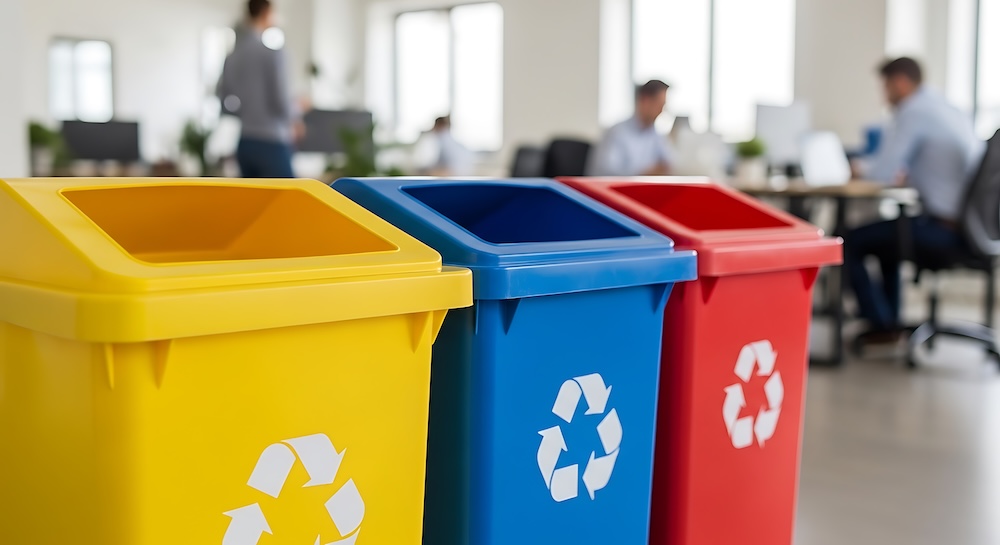 Colour-coded recycling bins in an office to encourage workplace recycling and waste reduction.