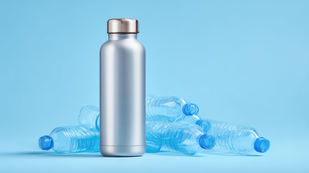 Reusable stainless steel water bottle standing in front of disposable plastic water bottles, illustrating the reduction of single-use plastics.