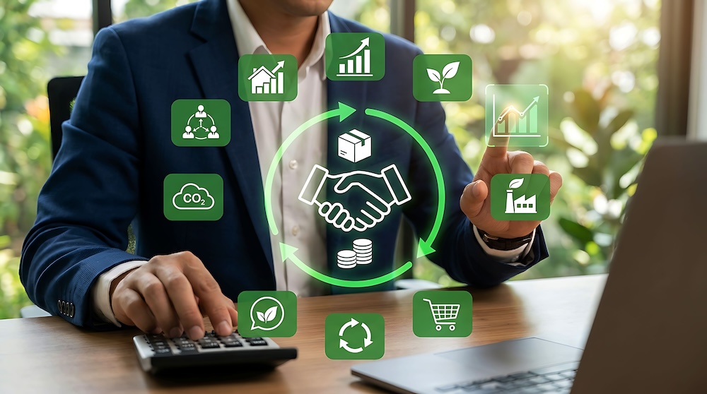 Business professional reviewing sustainability metrics while selecting vendors that support environmental goals.